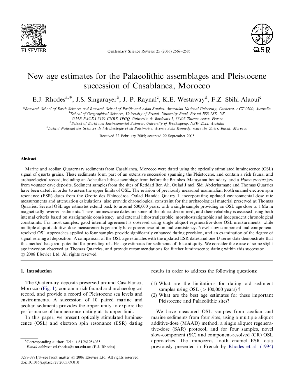 New age estimates for the Palaeolithic assemblages and Pleistocene succession of Casablanca, Morocco