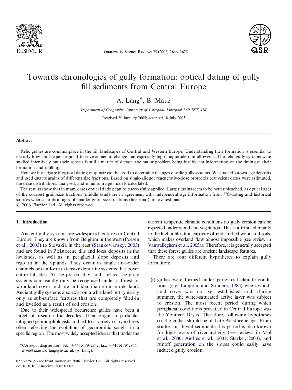 Towards chronologies of gully formation: optical dating of gully fill sediments from Central Europe