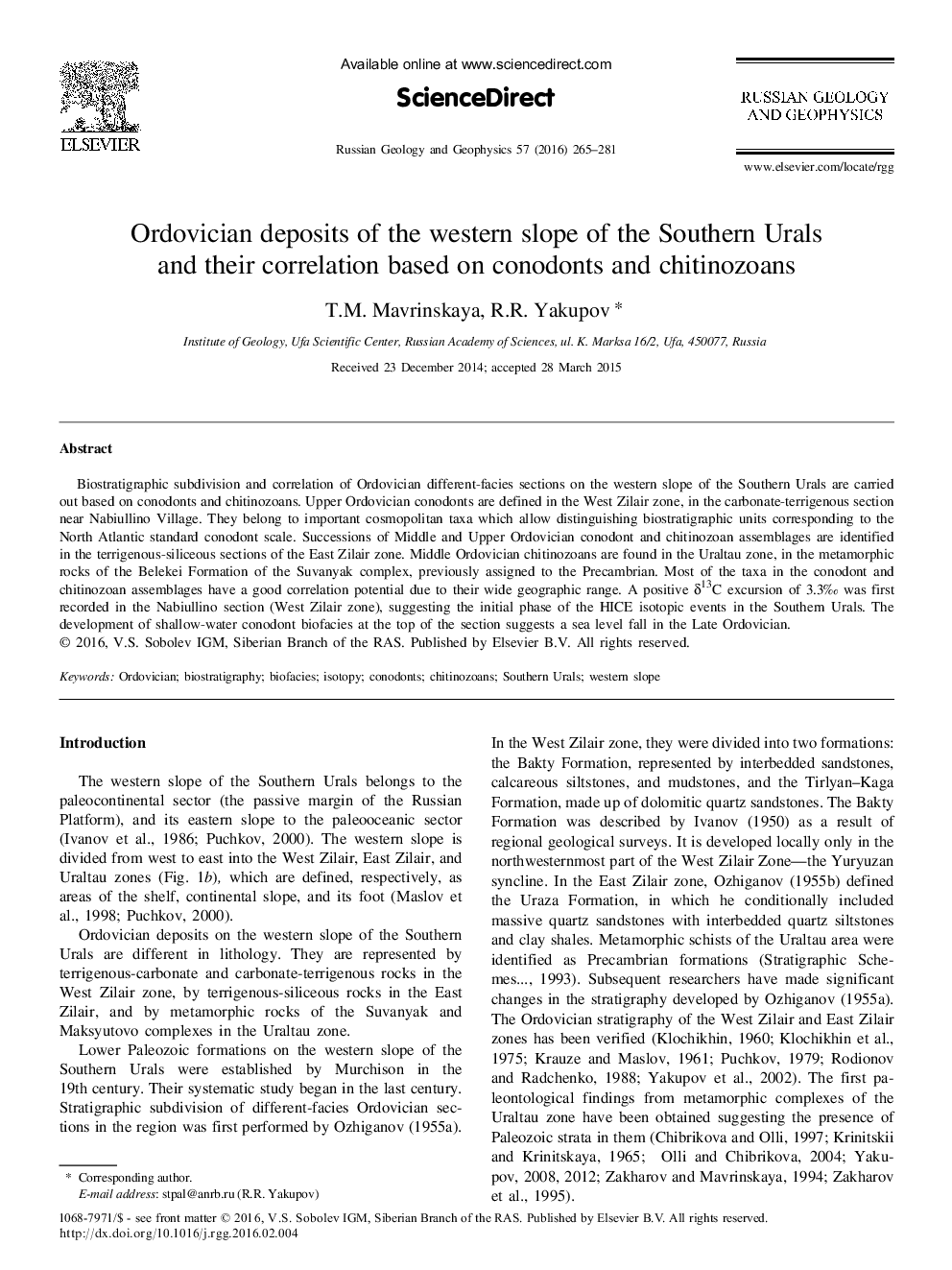 Ordovician deposits of the western slope of the Southern Urals and their correlation based on conodonts and chitinozoans