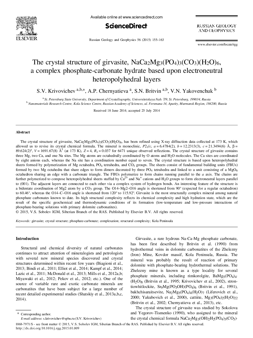 The crystal structure of girvasite, NaCa2Mg3(PO4)3(CO3)(H2O)6, a complex phosphate-carbonate hydrate based upon electroneutral heteropolyhedral layers