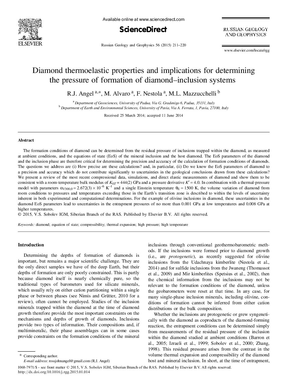 Diamond thermoelastic properties and implications for determining the pressure of formation of diamond-inclusion systems