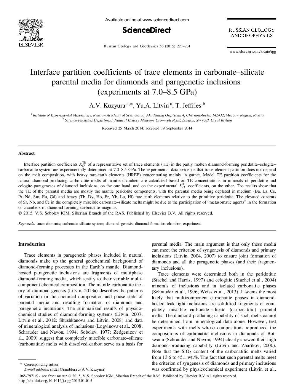 Interface partition coefficients of trace elements in carbonate-silicate parental media for diamonds and paragenetic inclusions (experiments at 7.0-8.5 GPa)