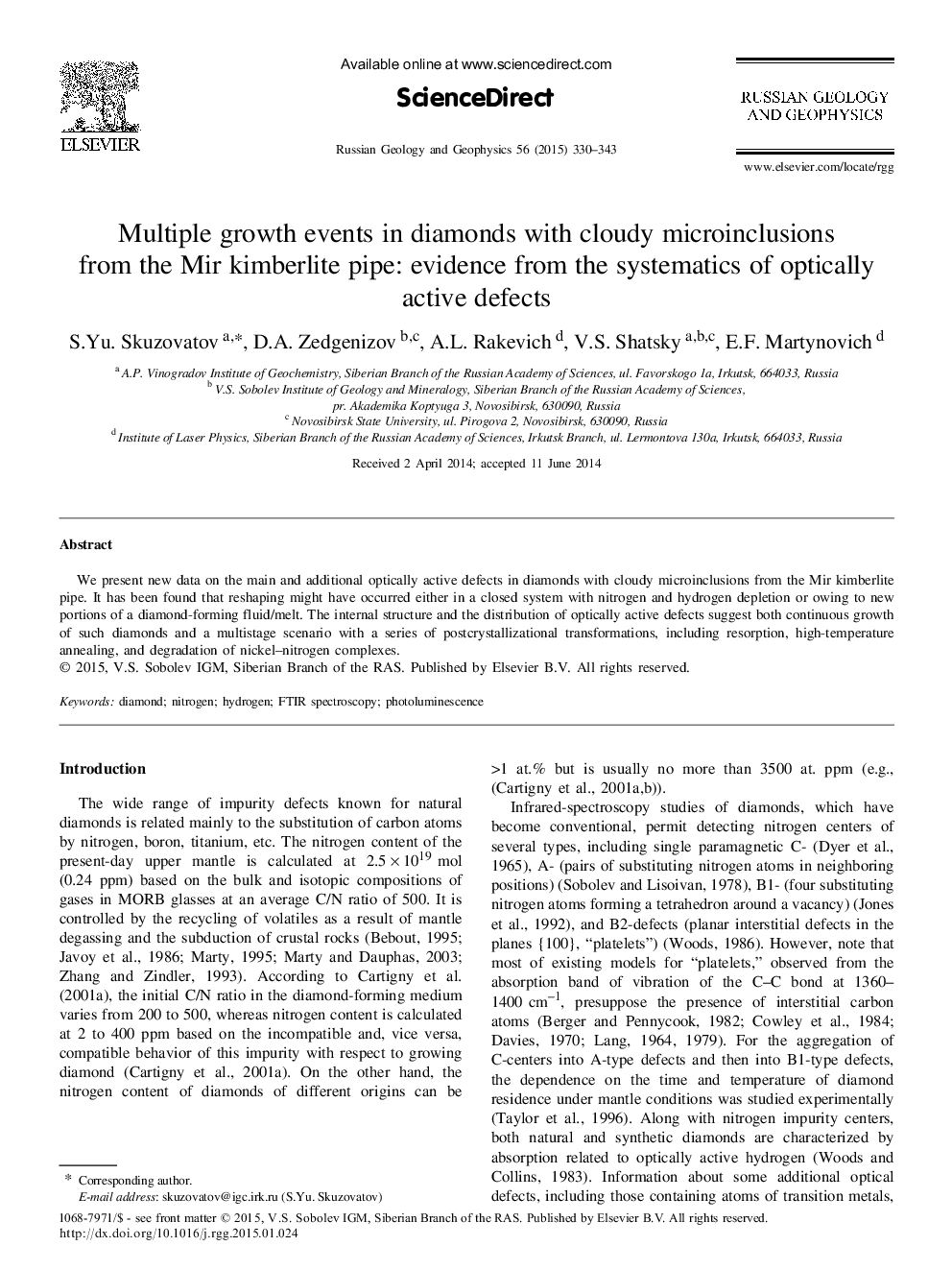 Multiple growth events in diamonds with cloudy microinclusions from the Mir kimberlite pipe: evidence from the systematics of optically active defects