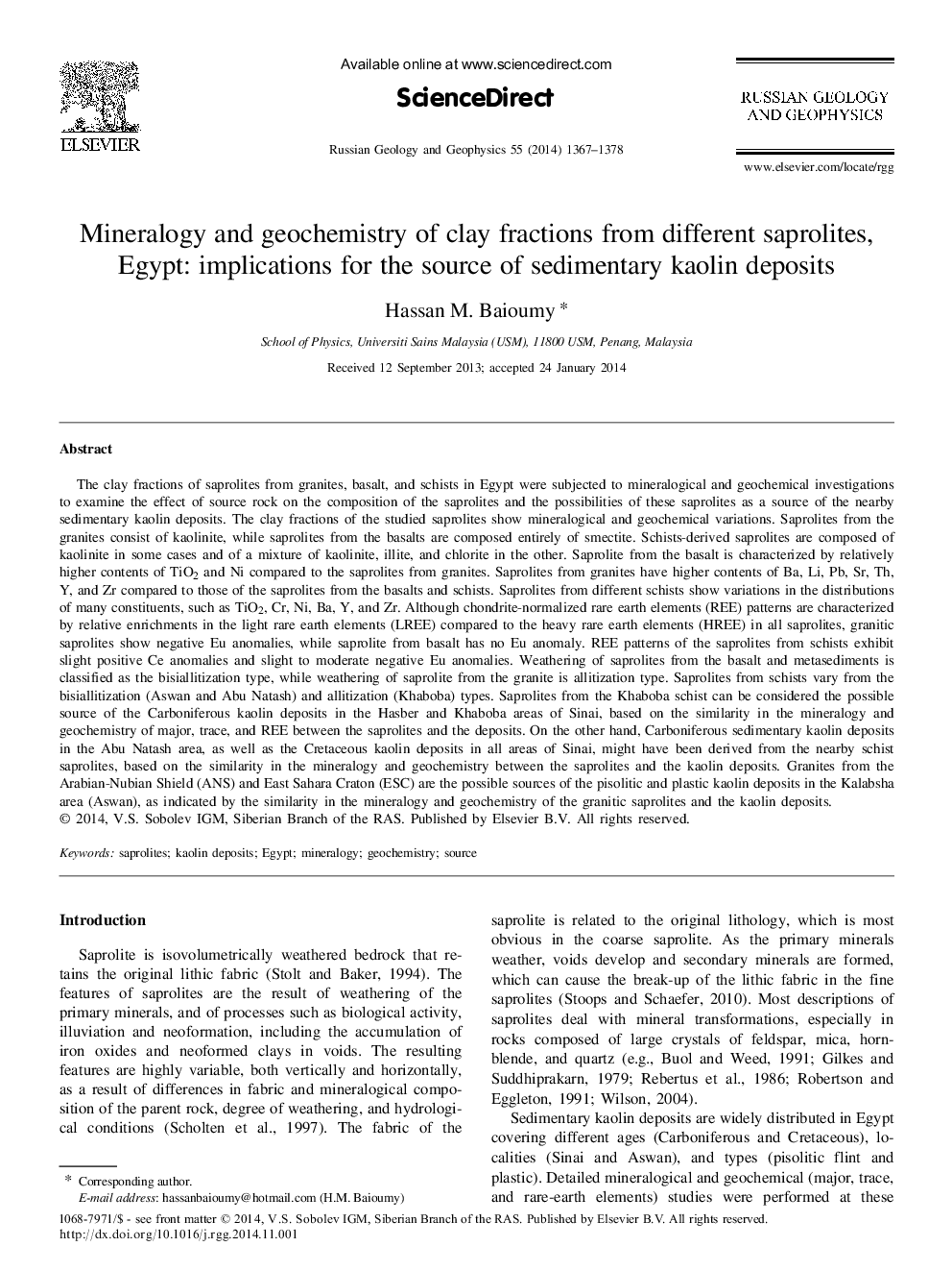 Mineralogy and geochemistry of clay fractions from different saprolites, Egypt: implications for the source of sedimentary kaolin deposits