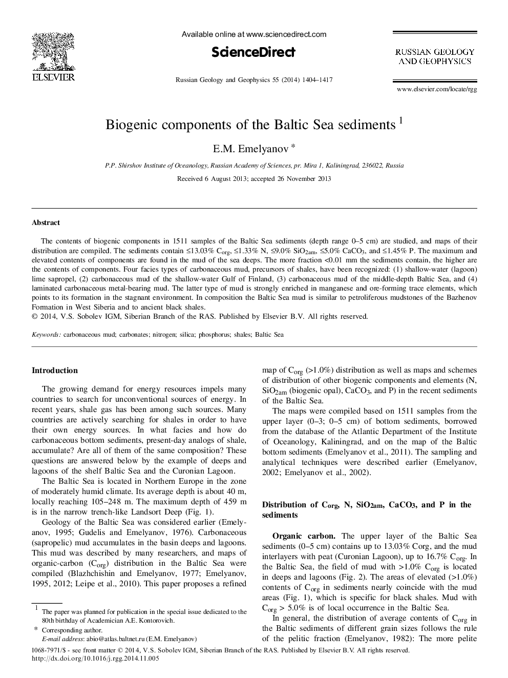 Biogenic components of the Baltic Sea sediments 