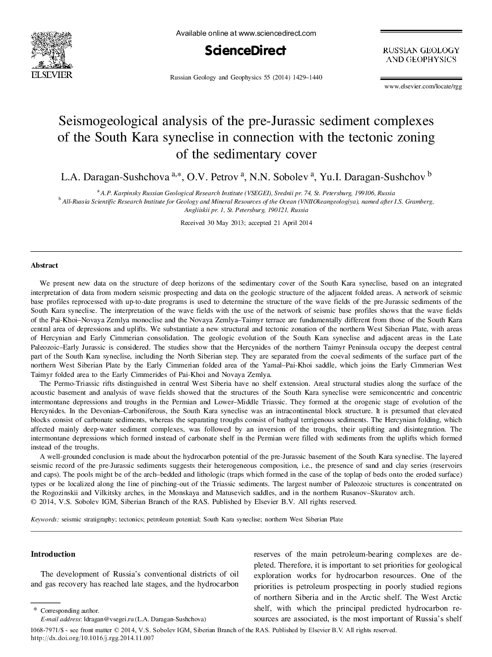 Seismogeological analysis of the pre-Jurassic sediment complexes of the South Kara syneclise in connection with the tectonic zoning of the sedimentary cover