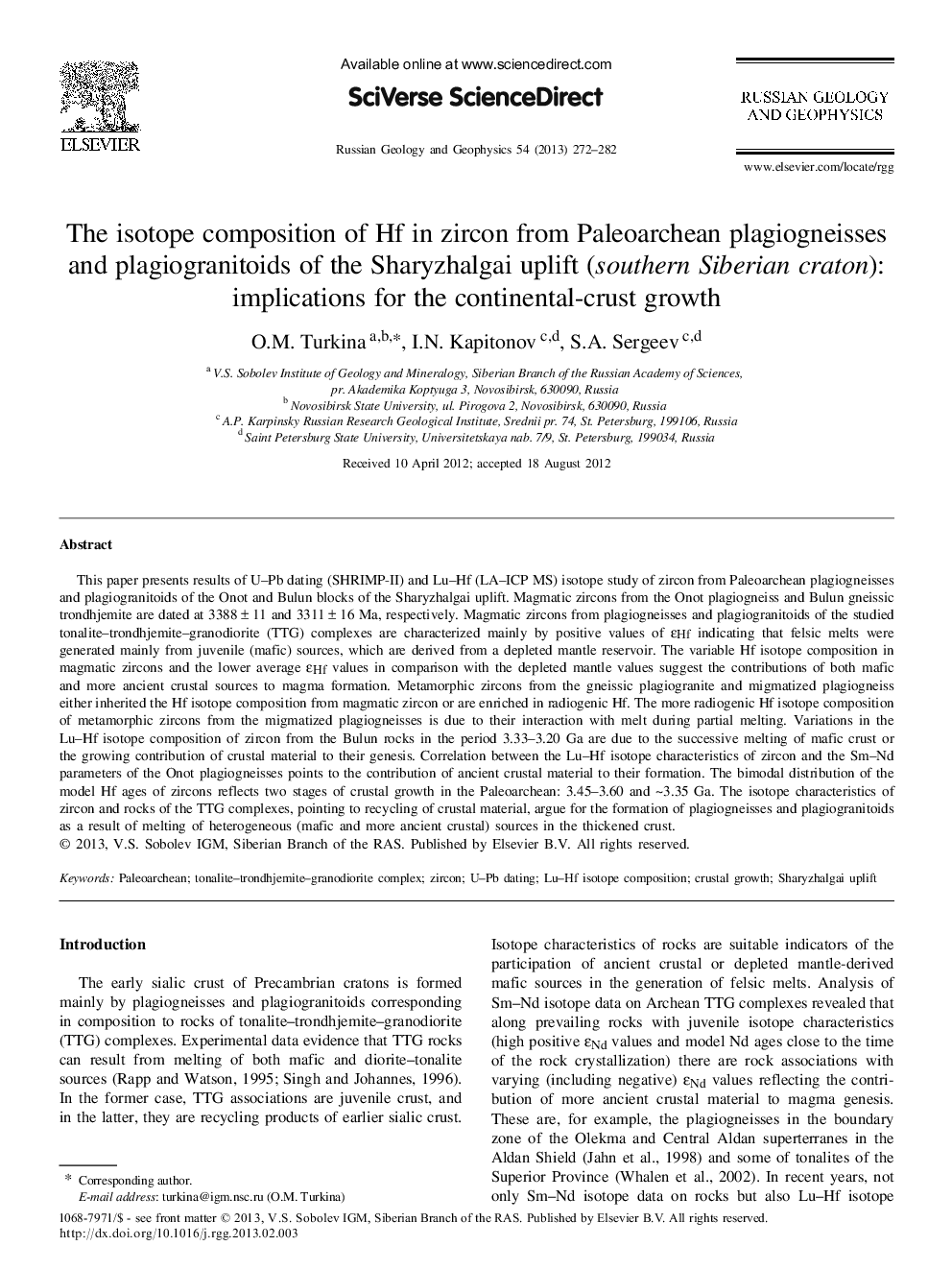 The isotope composition of Hf in zircon from Paleoarchean plagiogneisses and plagiogranitoids of the Sharyzhalgai uplift (southern Siberian craton): Implications for the continental-crust growth