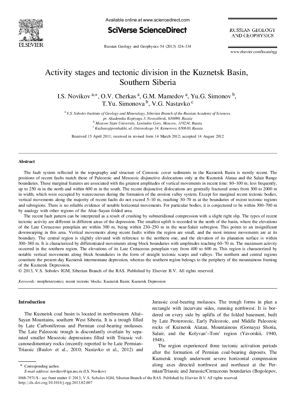 Activity stages and tectonic division in the Kuznetsk Basin, Southern Siberia