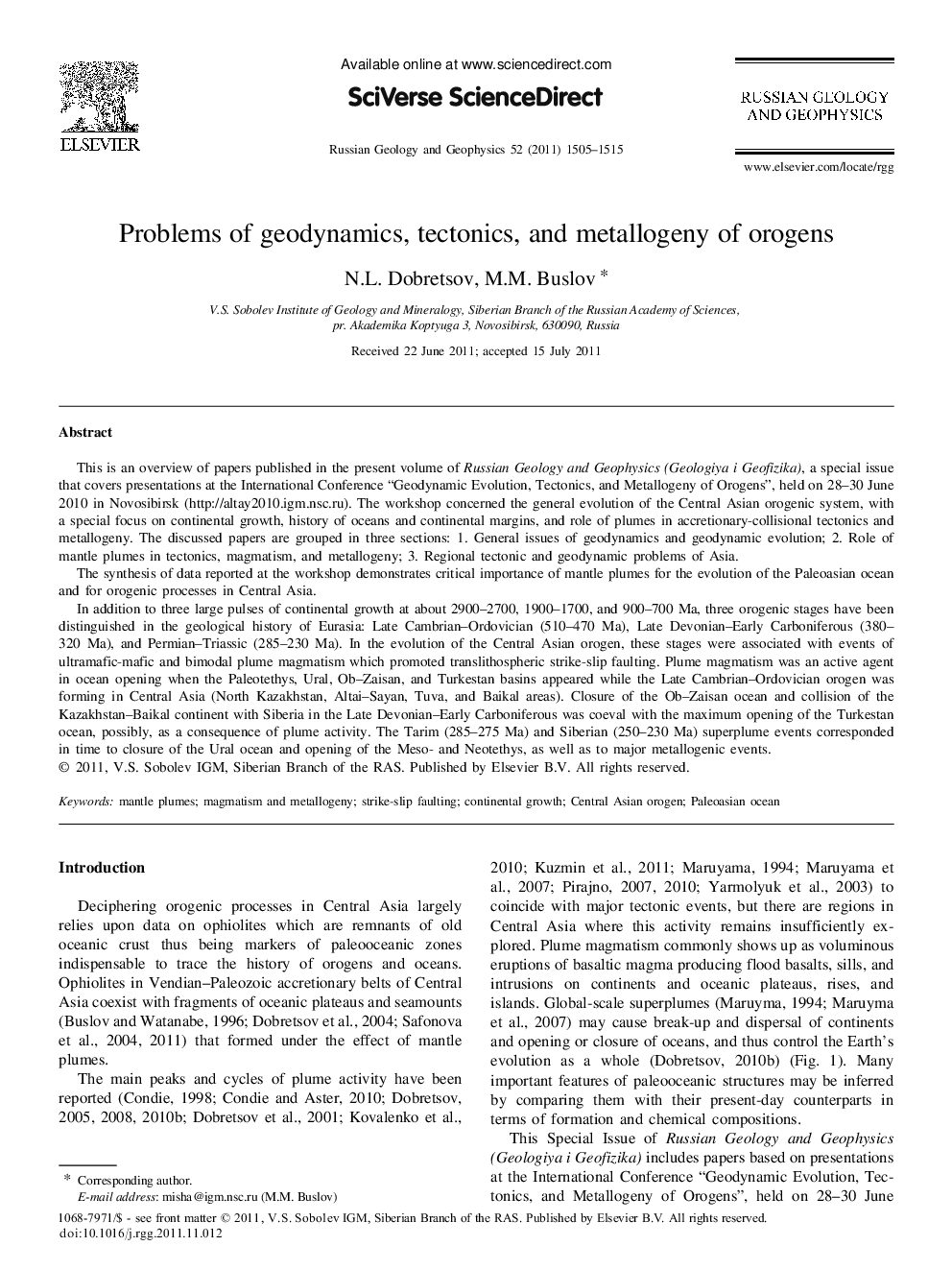 Problems of geodynamics, tectonics, and metallogeny of orogens