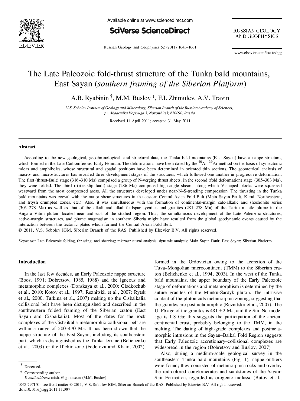 The Late Paleozoic fold-thrust structure of the Tunka bald mountains, East Sayan (southern framing of the Siberian Platform)