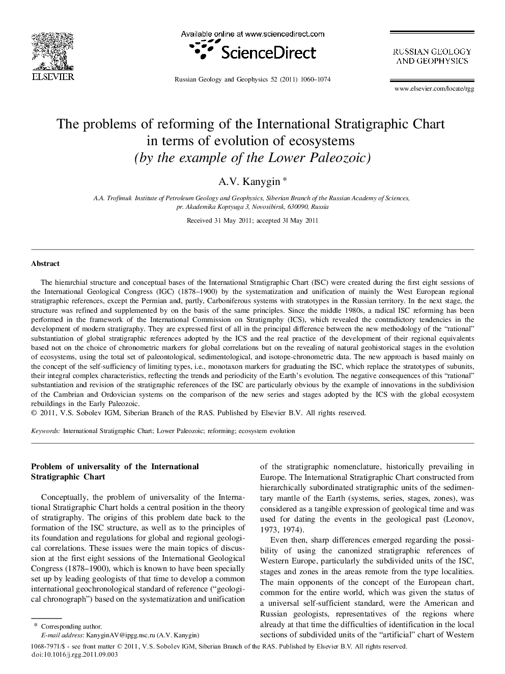 The problems of reforming of the International Stratigraphic Chart in terms of evolution of ecosystems (by the example of the Lower Paleozoic)