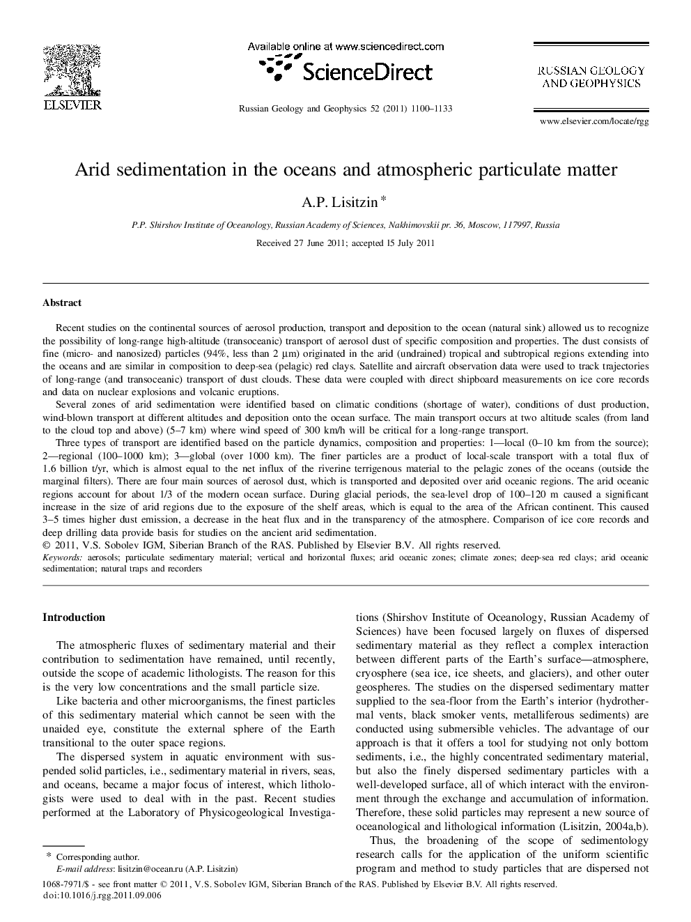 Arid sedimentation in the oceans and atmospheric particulate matter