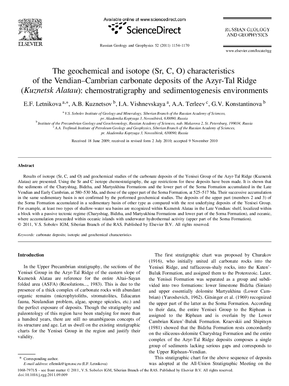 The geochemical and isotope (Sr, C, O) characteristics of the Vendian–Cambrian carbonate deposits of the Azyr-Tal Ridge (Kuznetsk Alatau): chemostratigraphy and sedimentogenesis environments