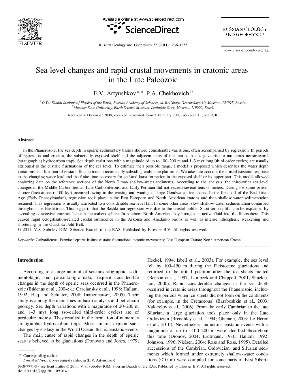 Sea level changes and rapid crustal movements in cratonic areas in the Late Paleozoic