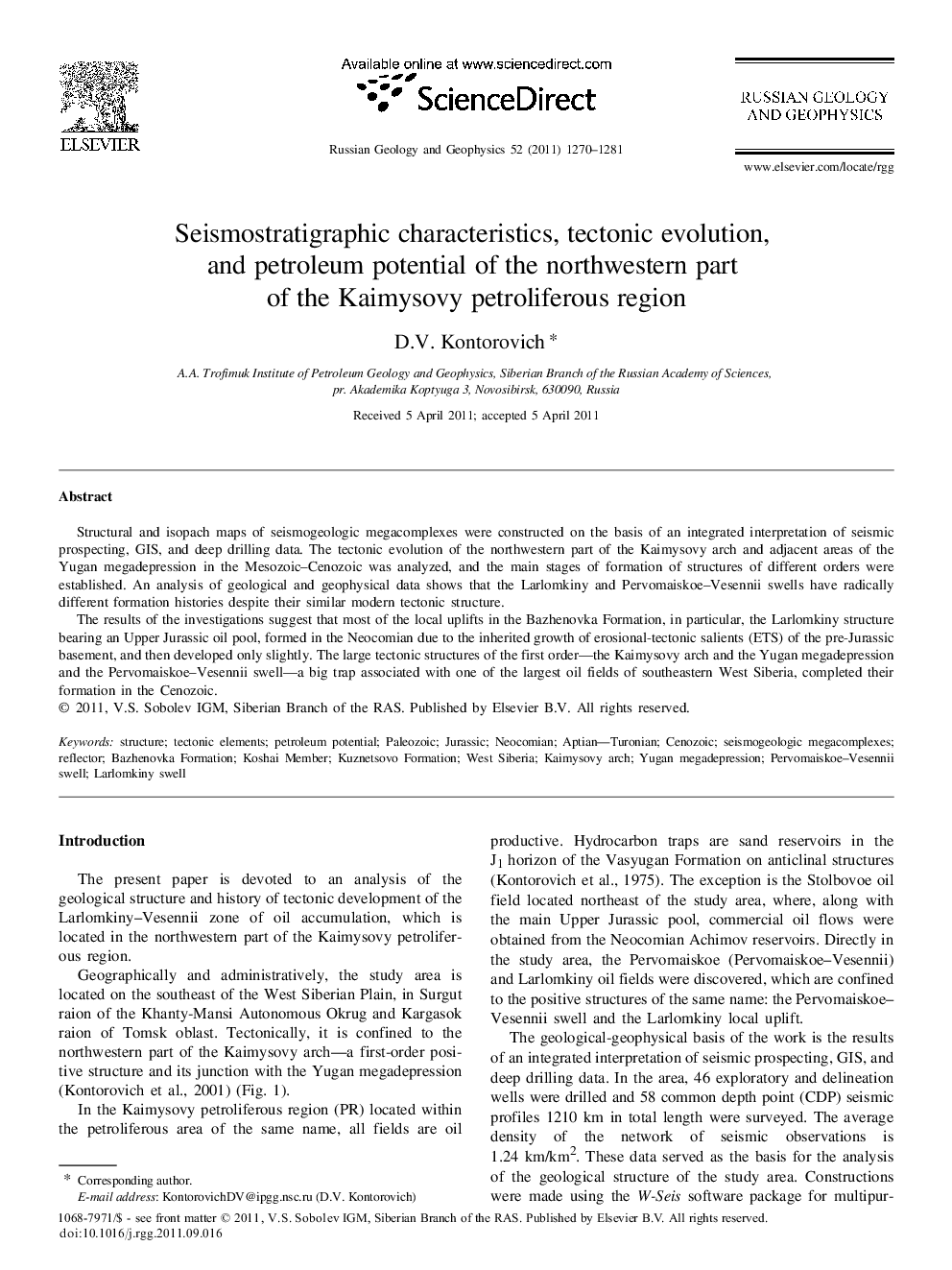 Seismostratigraphic characteristics, tectonic evolution, and petroleum potential of the northwestern part of the Kaimysovy petroliferous region