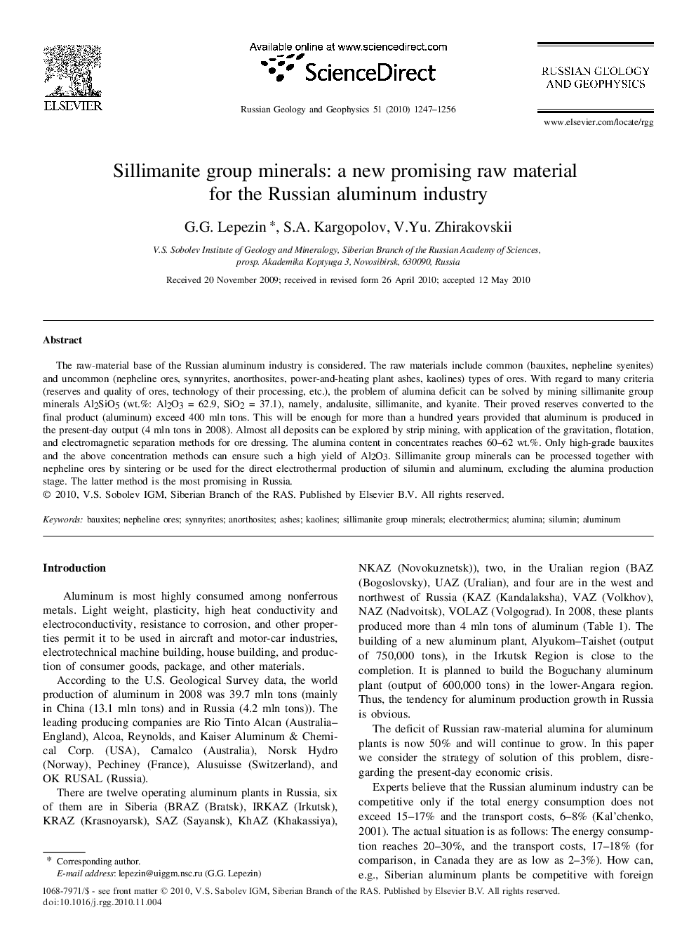 Sillimanite group minerals: a new promising raw material for the Russian aluminum industry