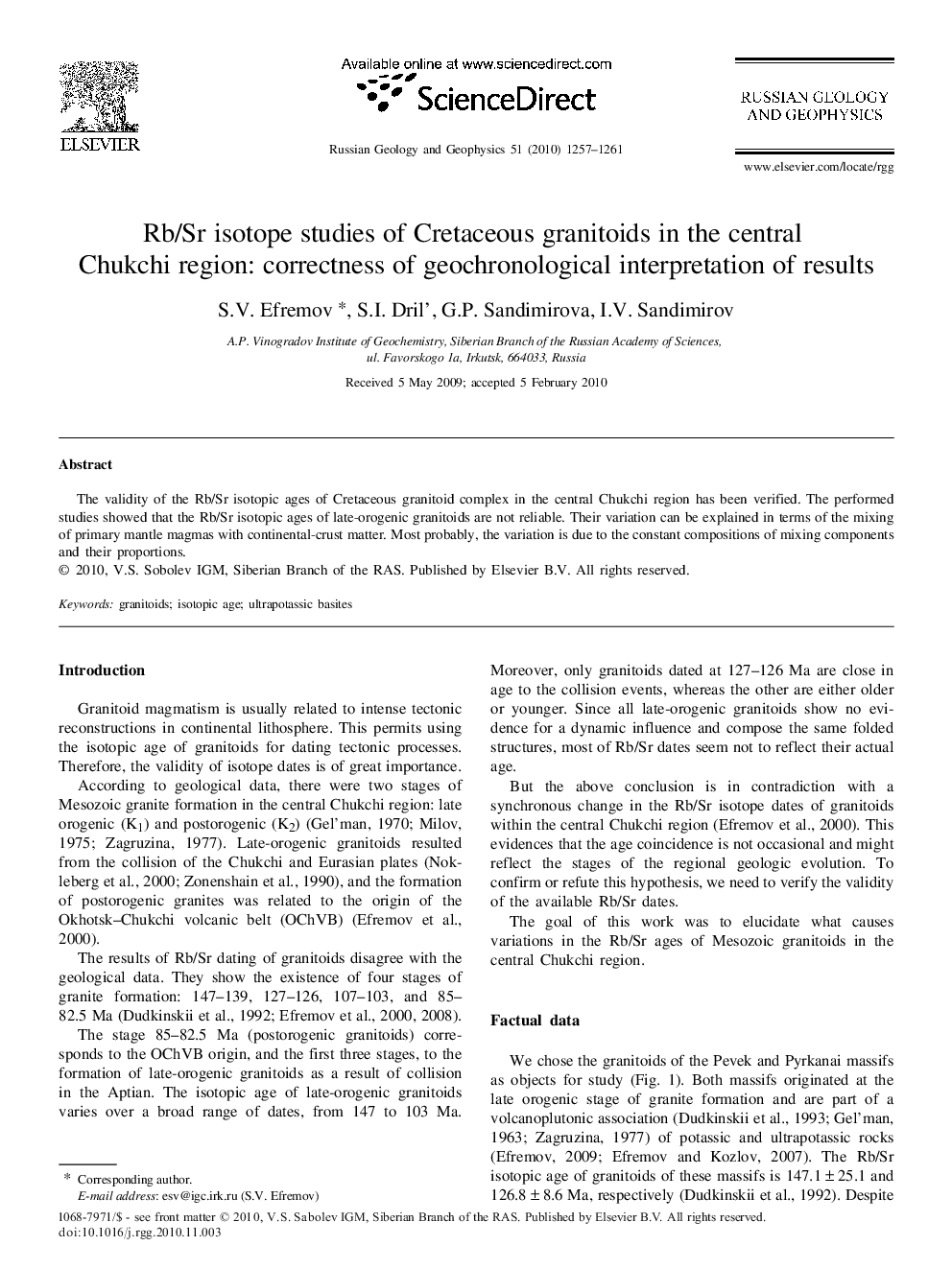 Rb/Sr isotope studies of Cretaceous granitoids in the central Chukchi region: correctness of geochronological interpretation of results