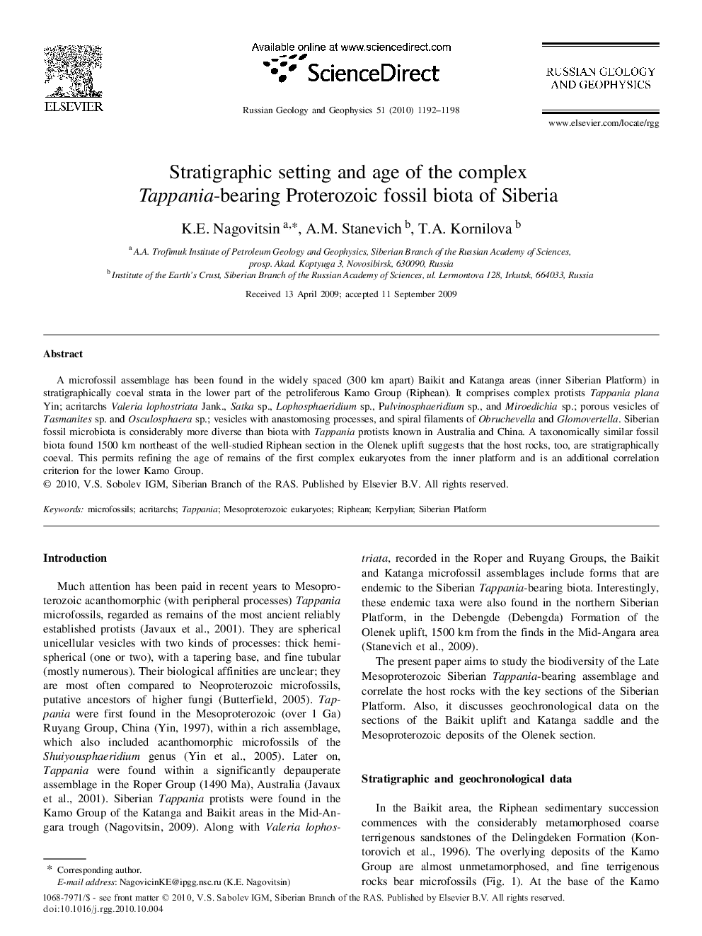 Stratigraphic setting and age of the complex Tappania-bearing Proterozoic fossil biota of Siberia