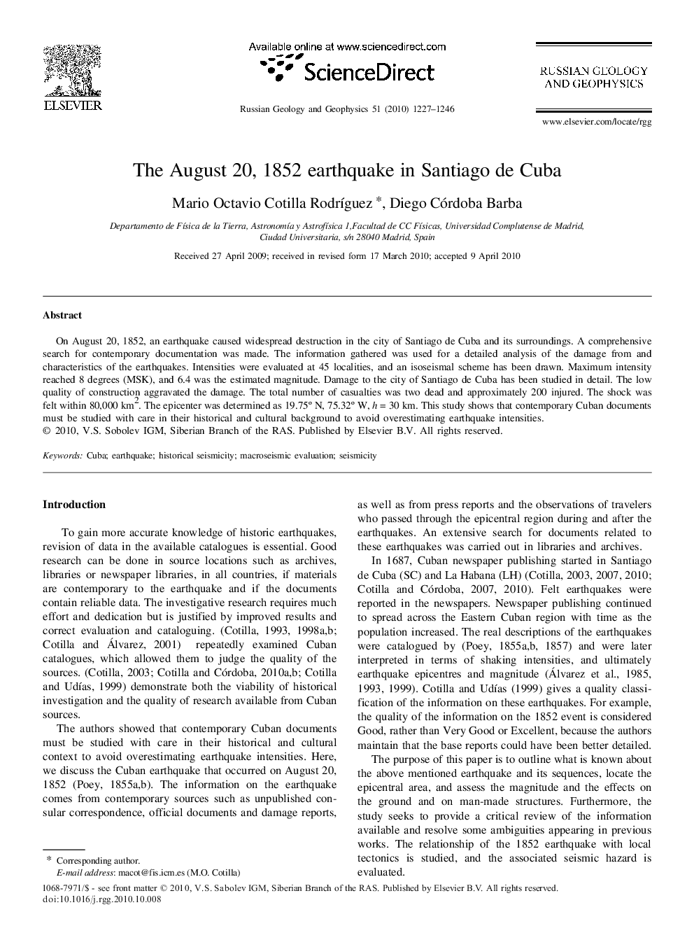 The August 20, 1852 earthquake in Santiago de Cuba