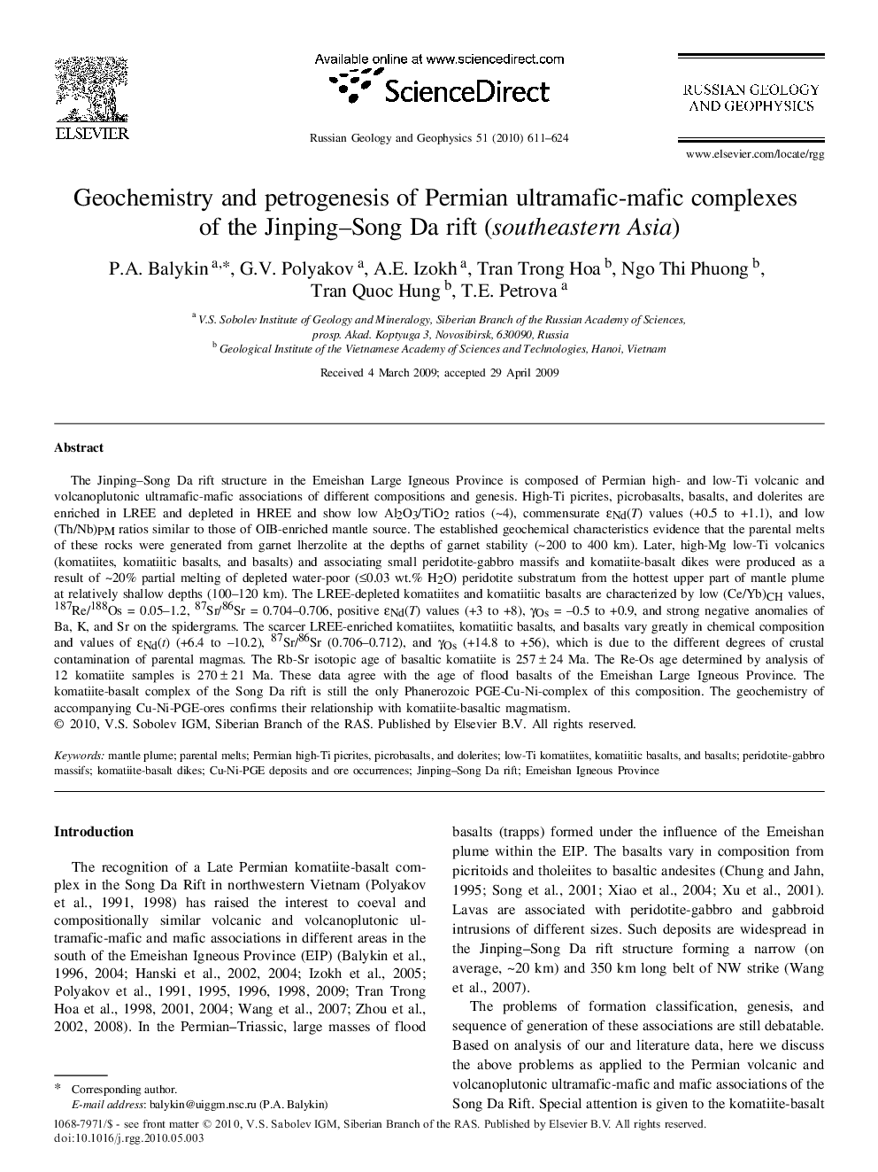 Geochemistry and petrogenesis of Permian ultramafic-mafic complexes of the Jinping–Song Da rift (southeastern Asia)