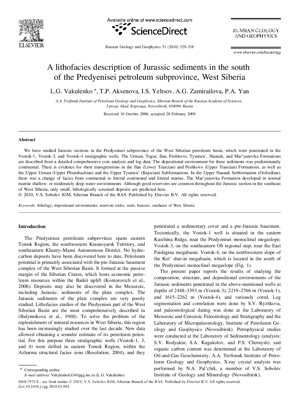 A lithofacies description of Jurassic sediments in the south of the Predyenisei petroleum subprovince, West Siberia