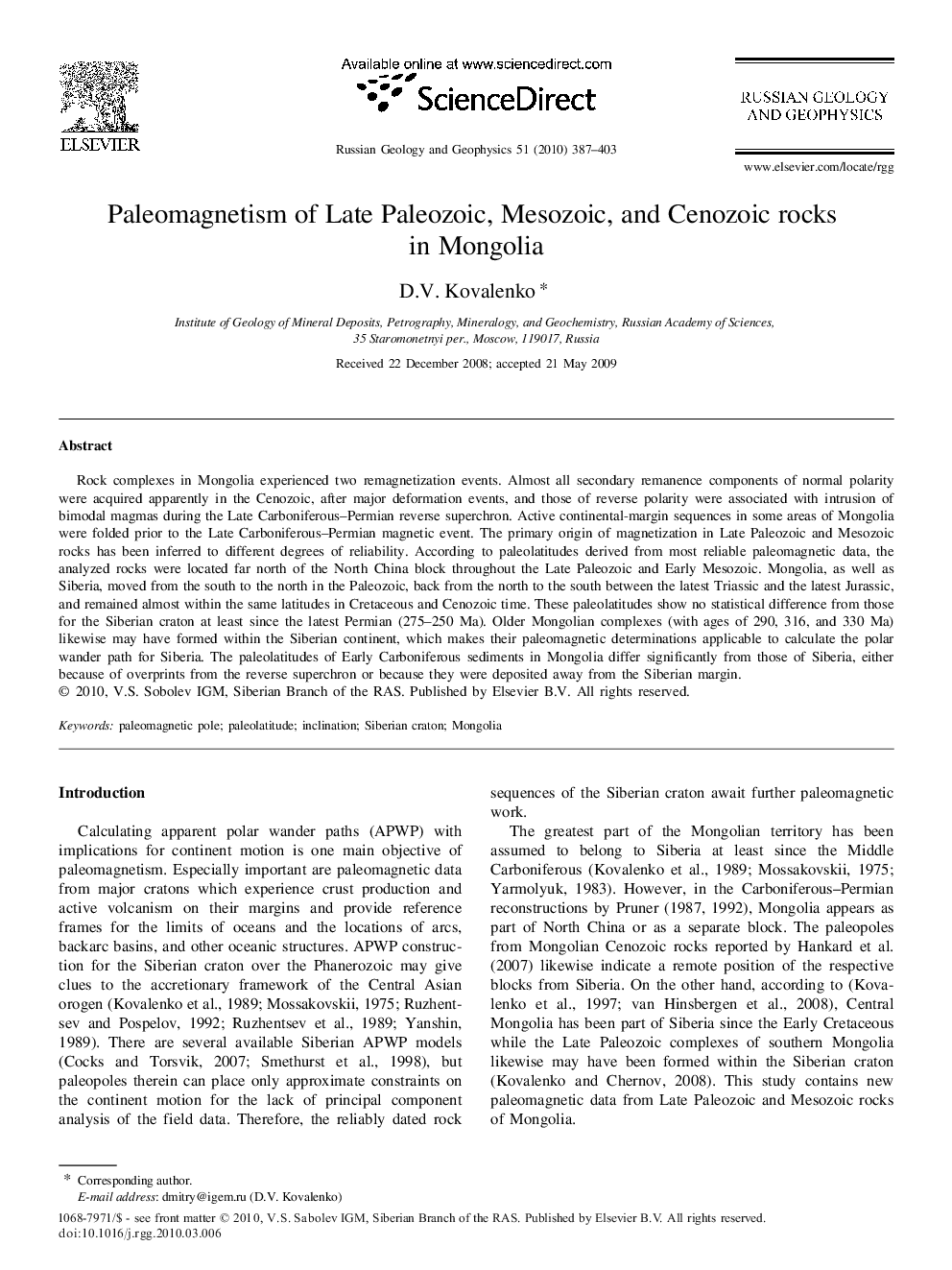 Paleomagnetism of Late Paleozoic, Mesozoic, and Cenozoic rocks in Mongolia