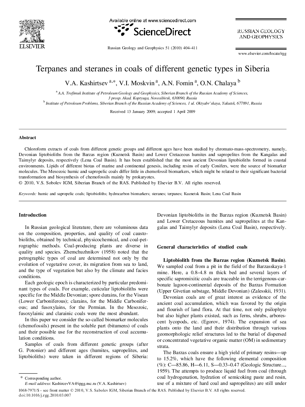 Terpanes and steranes in coals of different genetic types in Siberia