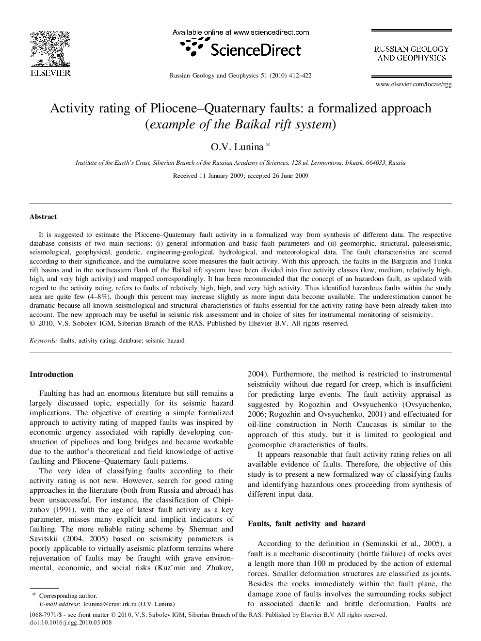 Activity rating of Pliocene–Quaternary faults: a formalized approach (example of the Baikal rift system)