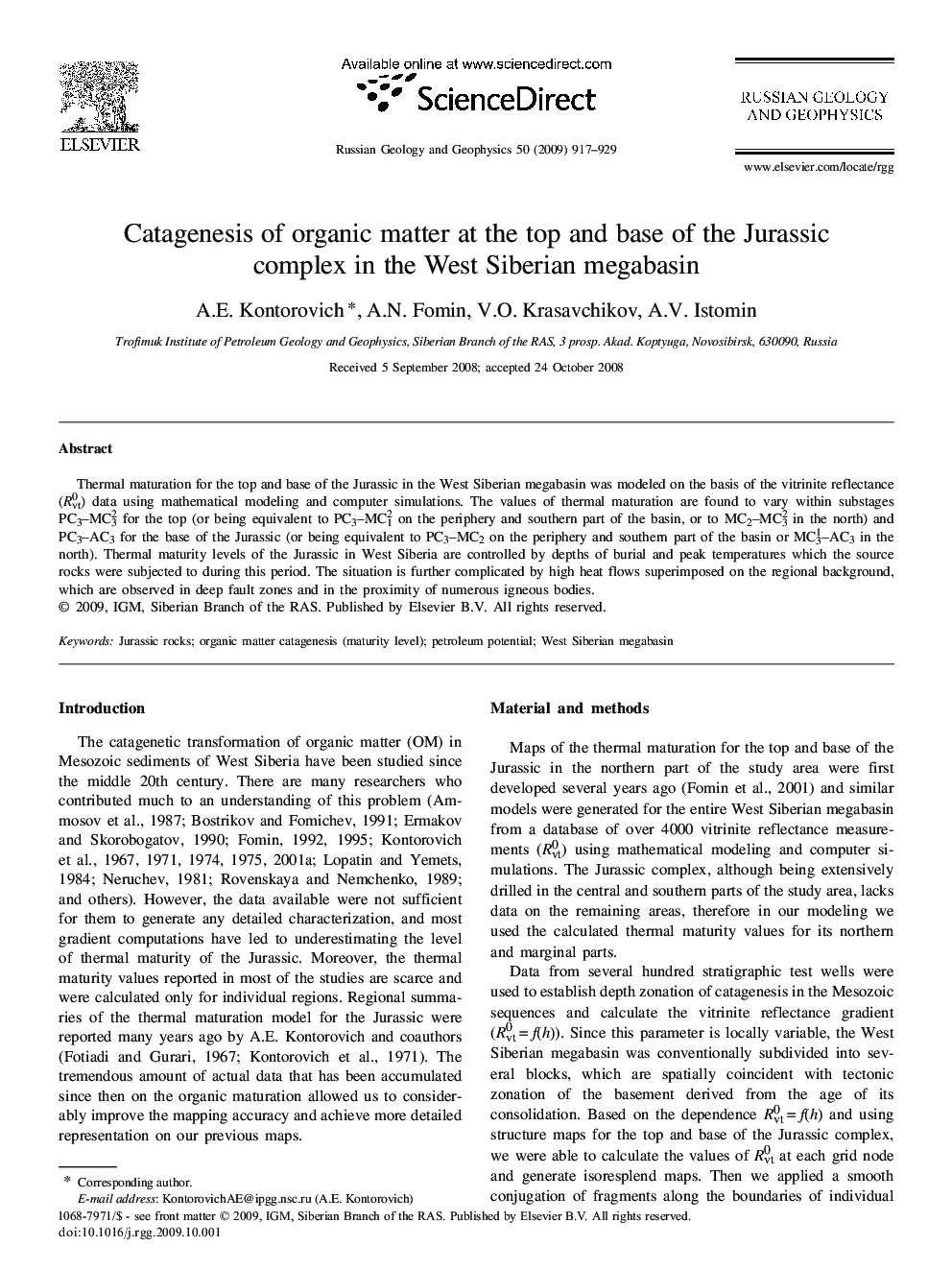 Catagenesis of organic matter at the top and base of the Jurassic complex in the West Siberian megabasin