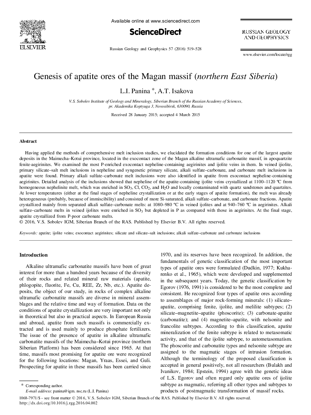 Genesis of apatite ores of the Magan massif (northern East Siberia)