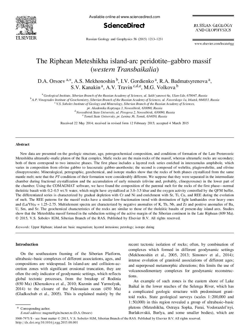 The Riphean Meteshikha island-arc peridotite-gabbro massif (western Transbaikalia)