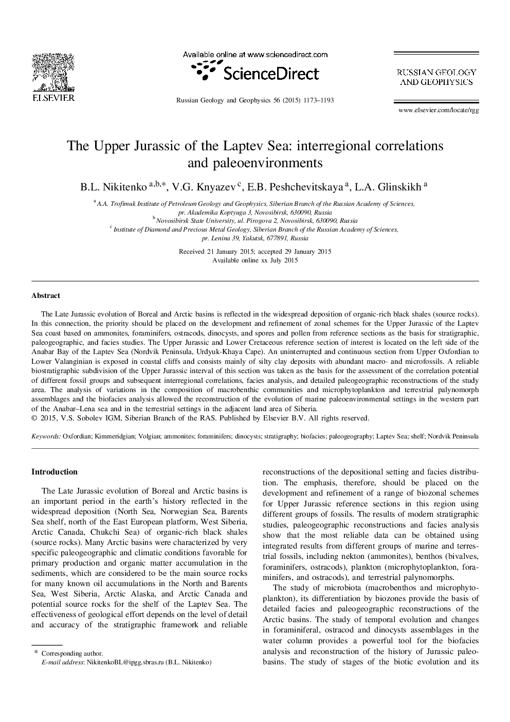 The Upper Jurassic of the Laptev Sea: interregional correlations and paleoenvironments