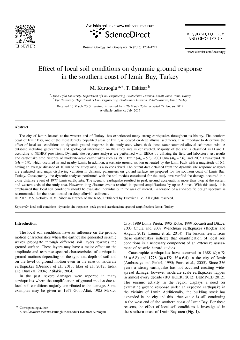 Effect of local soil conditions on dynamic ground response in the southern coast of Izmir Bay, Turkey