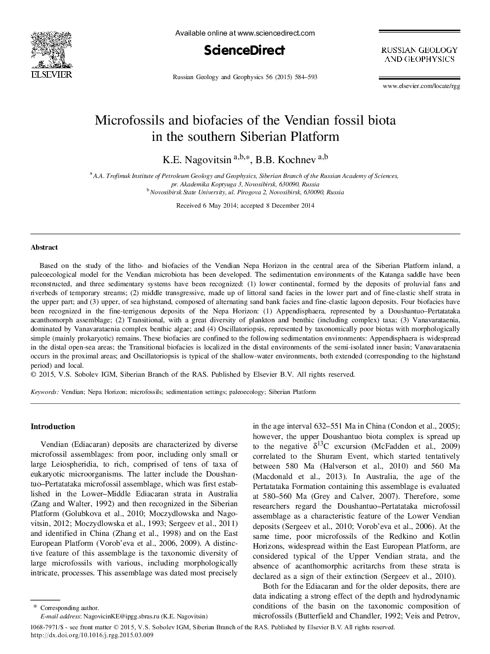 Microfossils and biofacies of the Vendian fossil biota in the southern Siberian Platform