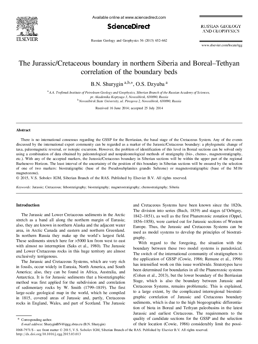 The Jurassic/Cretaceous boundary in northern Siberia and Boreal-Tethyan correlation of the boundary beds