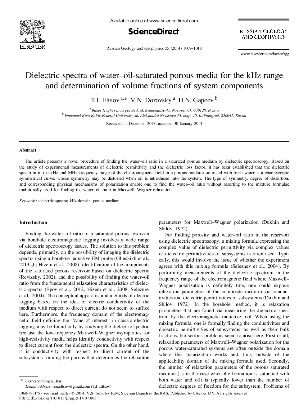 Dielectric spectra of water–oil-saturated porous media for the kHz range and determination of volume fractions of system components