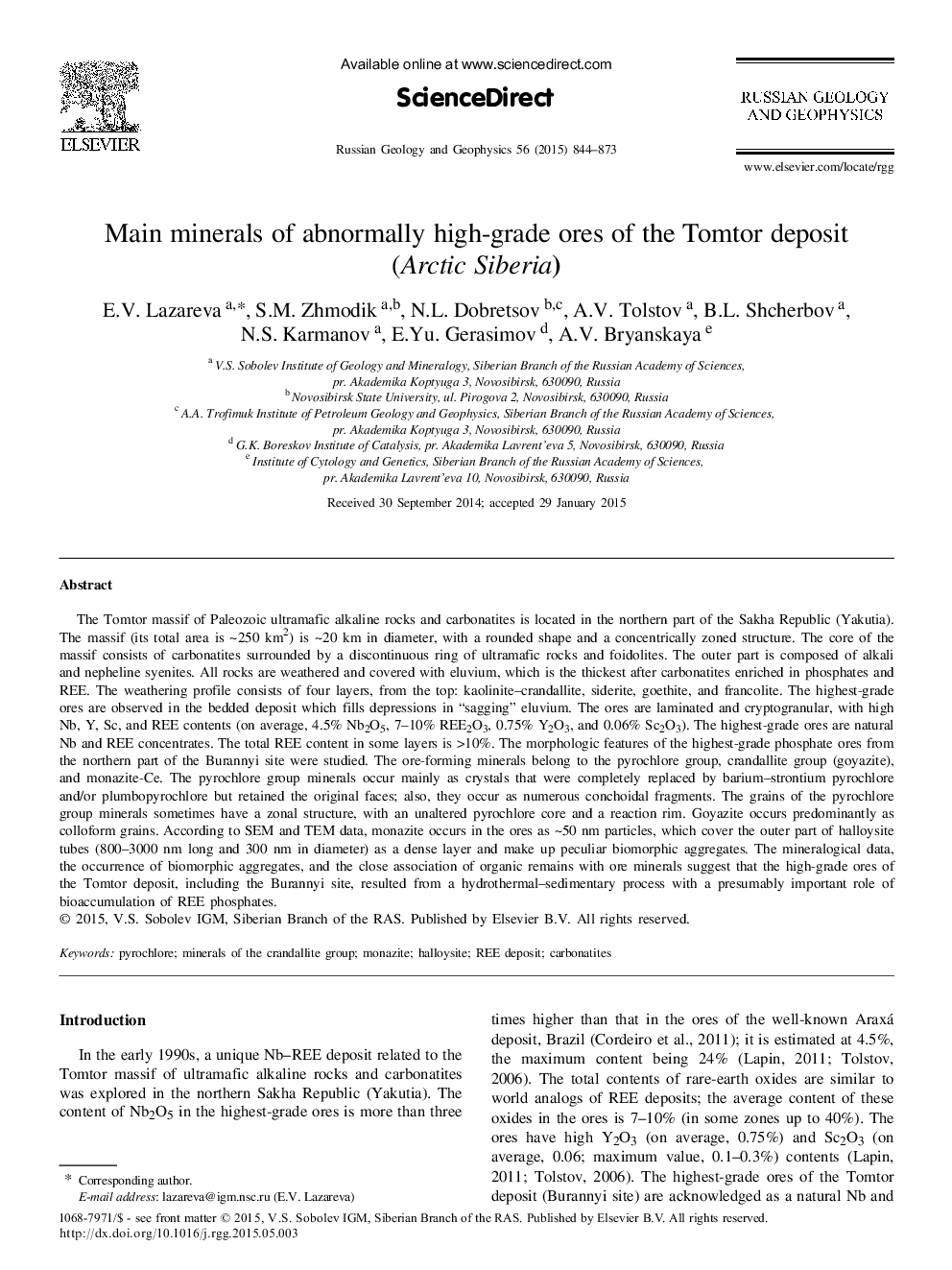 Main minerals of abnormally high-grade ores of the Tomtor deposit (Arctic Siberia)