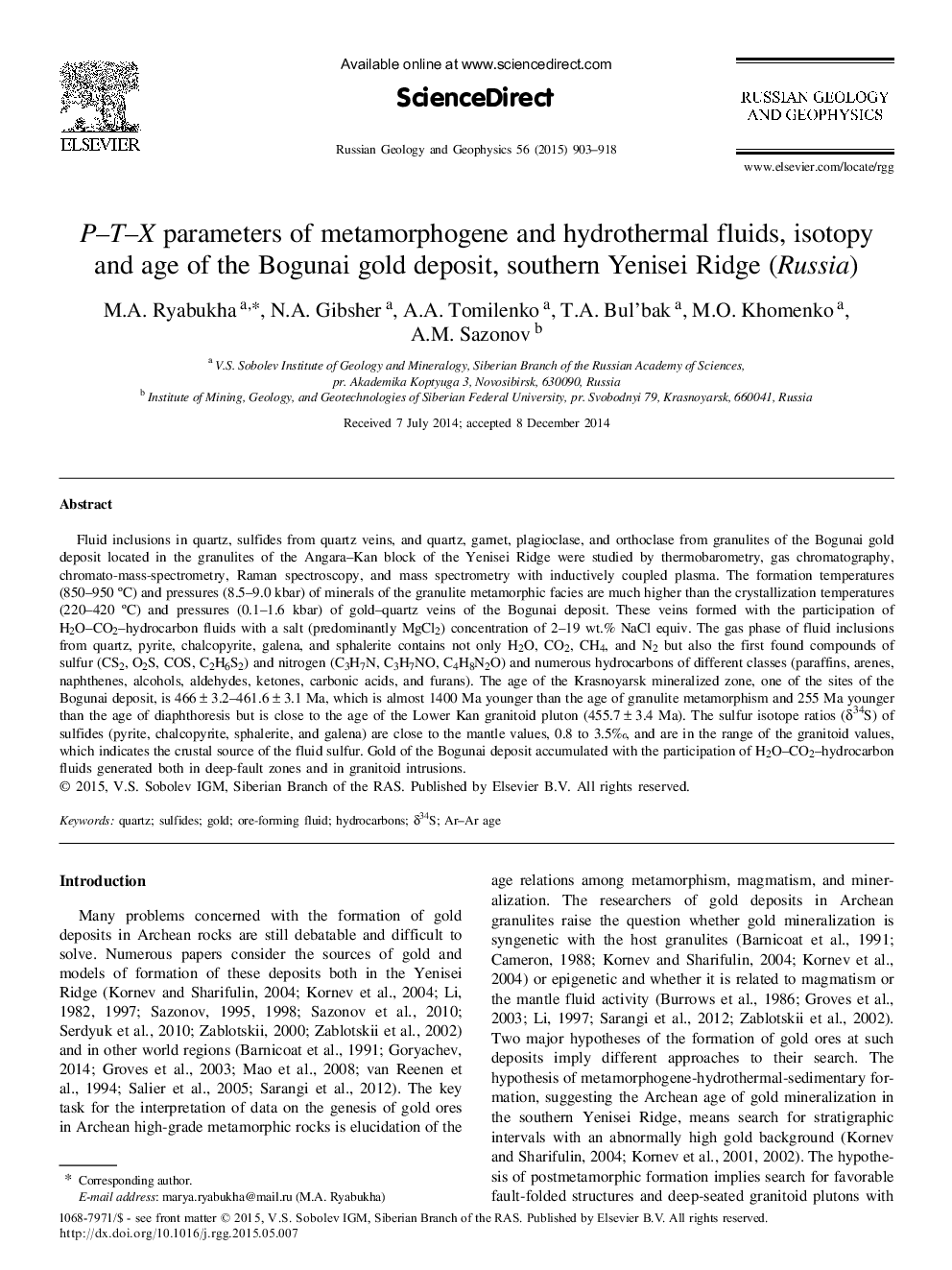 P-T-X parameters of metamorphogene and hydrothermal fluids, isotopy and age of the Bogunai gold deposit, southern Yenisei Ridge (Russia)