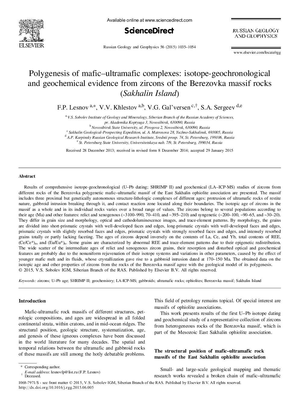 عکس صفحه اول مقاله: Polygenesis of mafic-ultramafic complexes: Isotope-geochronological and geochemical evidence from zircons of the Berezovka massif rocks (Sakhalin Island) Polygenesis of mafic-ultramafic complexes: Isotope-geochronological and geochemical evidence from zircons of the Berezovka massif rocks (Sakhalin Island)