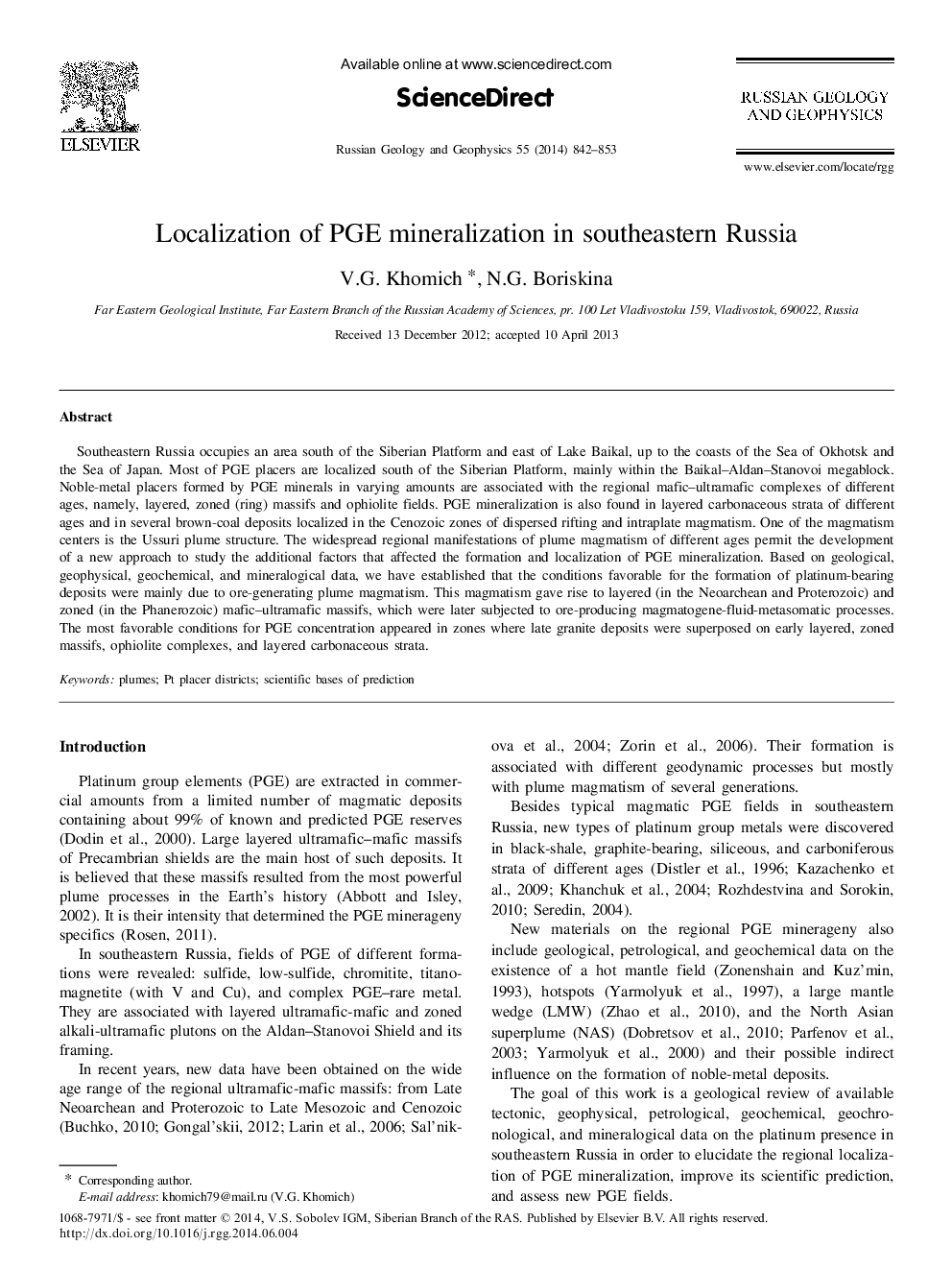 Localization of PGE mineralization in southeastern Russia