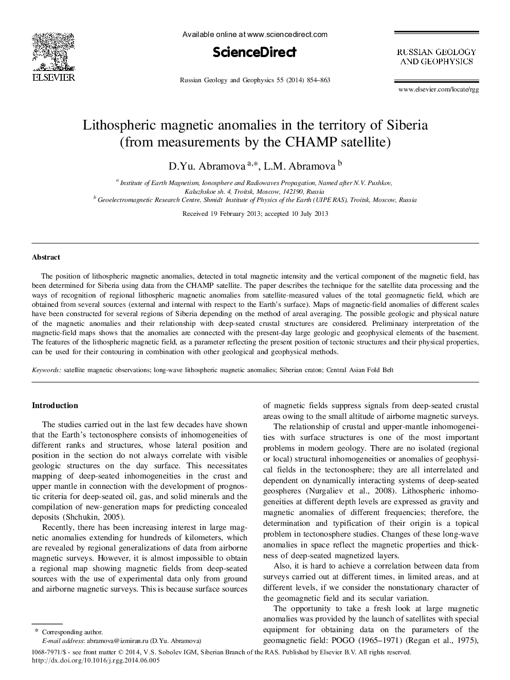 Lithospheric magnetic anomalies in the territory of Siberia (from measurements by the CHAMP satellite)
