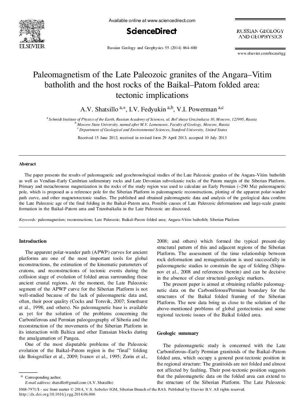 Paleomagnetism of the Late Paleozoic granites of the Angara-Vitim batholith and the host rocks of the Baikal-Patom folded area: Tectonic implications