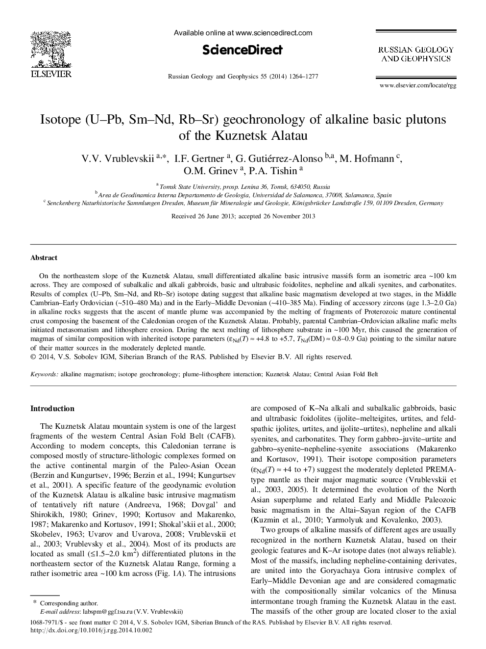 Isotope (U–Pb, Sm–Nd, Rb–Sr) geochronology of alkaline basic plutons of the Kuznetsk Alatau