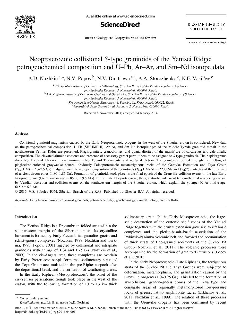 Neoproterozoic collisional S-type granitoids of the Yenisei Ridge: petrogeochemical composition and U-Pb, Ar-Ar, and Sm-Nd isotope data