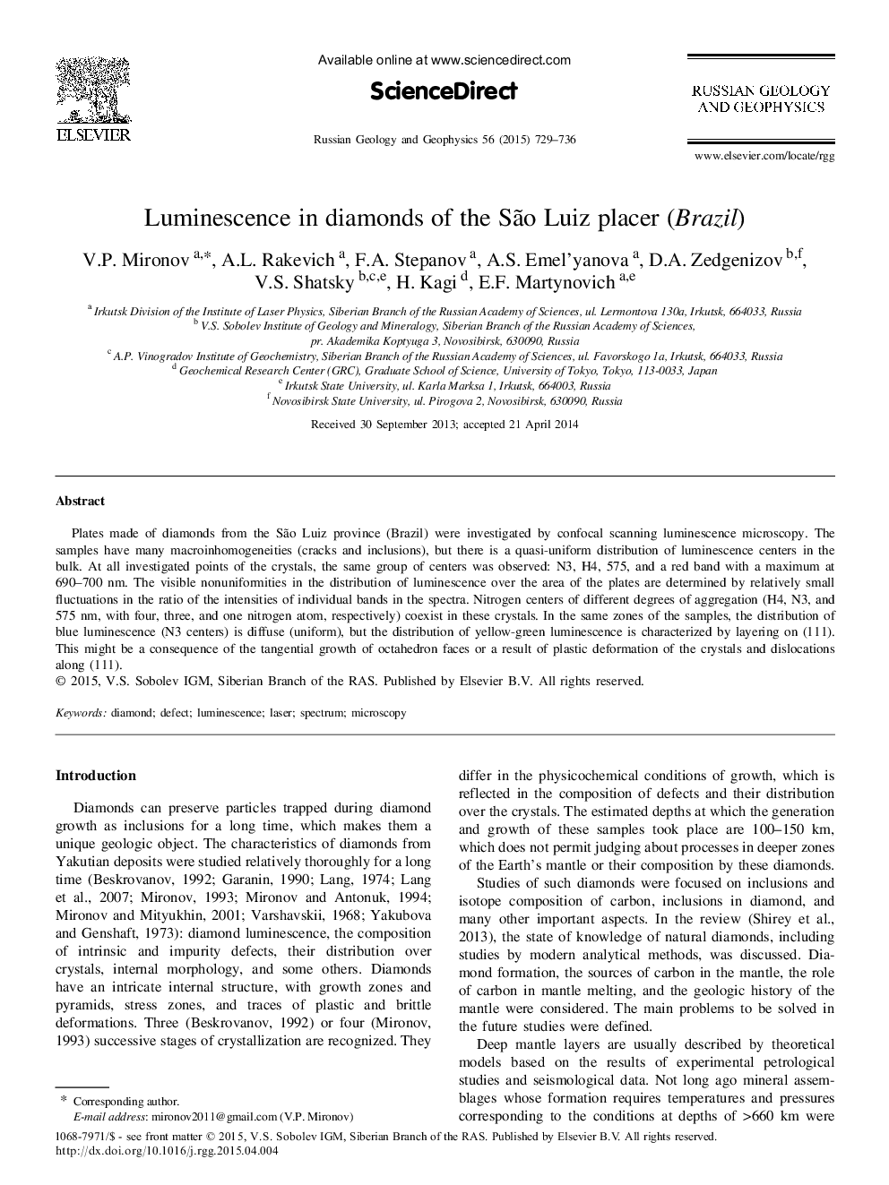 Luminescence in diamonds of the Sao Luiz placer (Brazil)