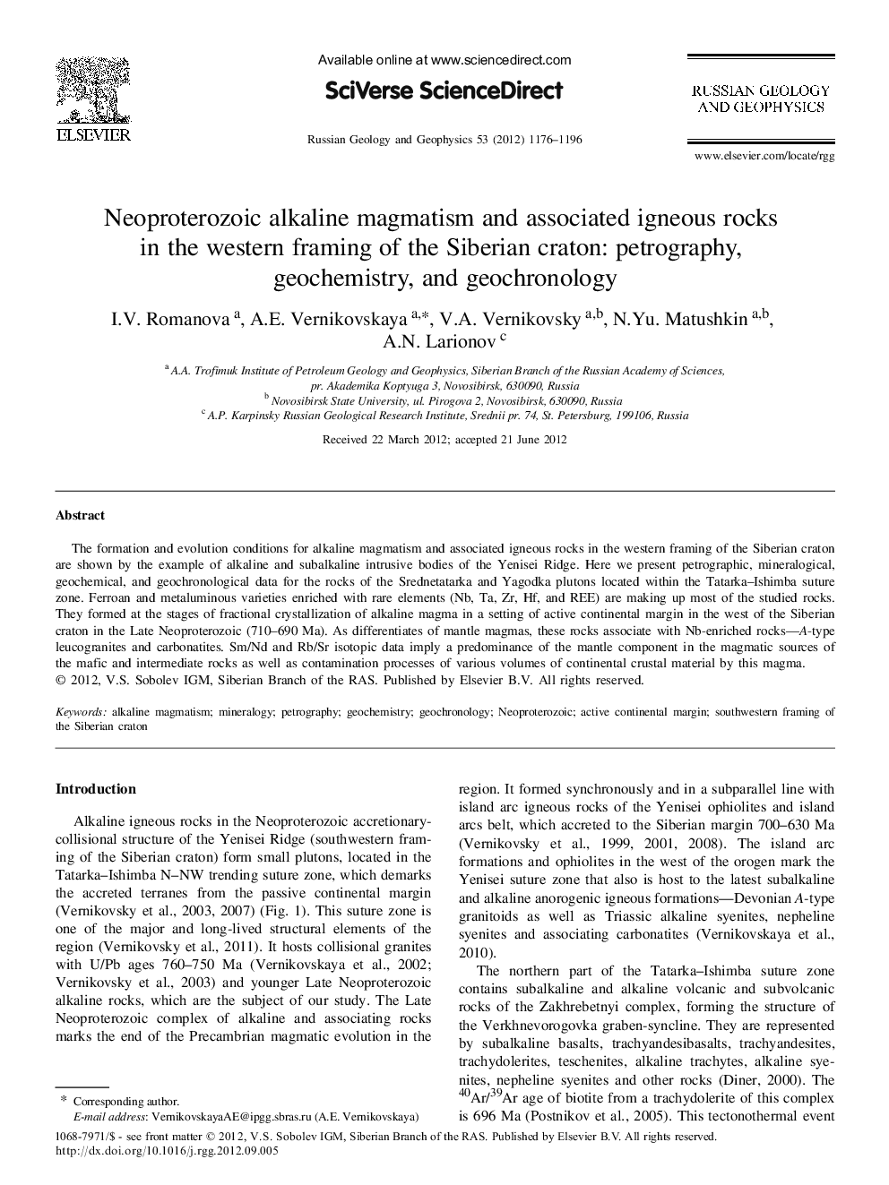 Neoproterozoic alkaline magmatism and associated igneous rocks in the western framing of the Siberian craton: petrography, geochemistry, and geochronology