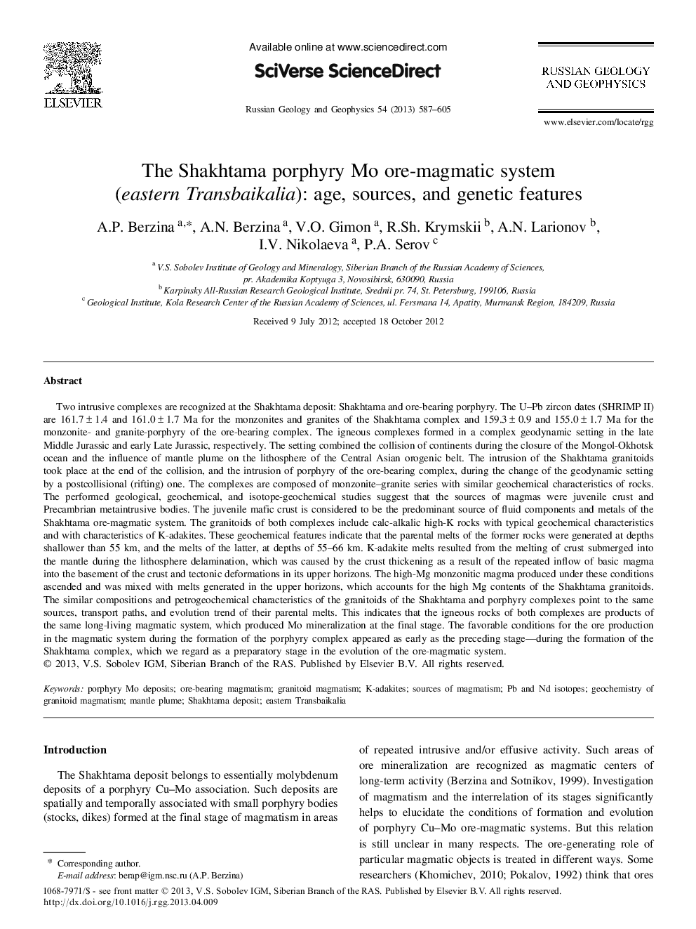 The Shakhtama porphyry Mo ore-magmatic system (eastern Transbaikalia): age, sources, and genetic features