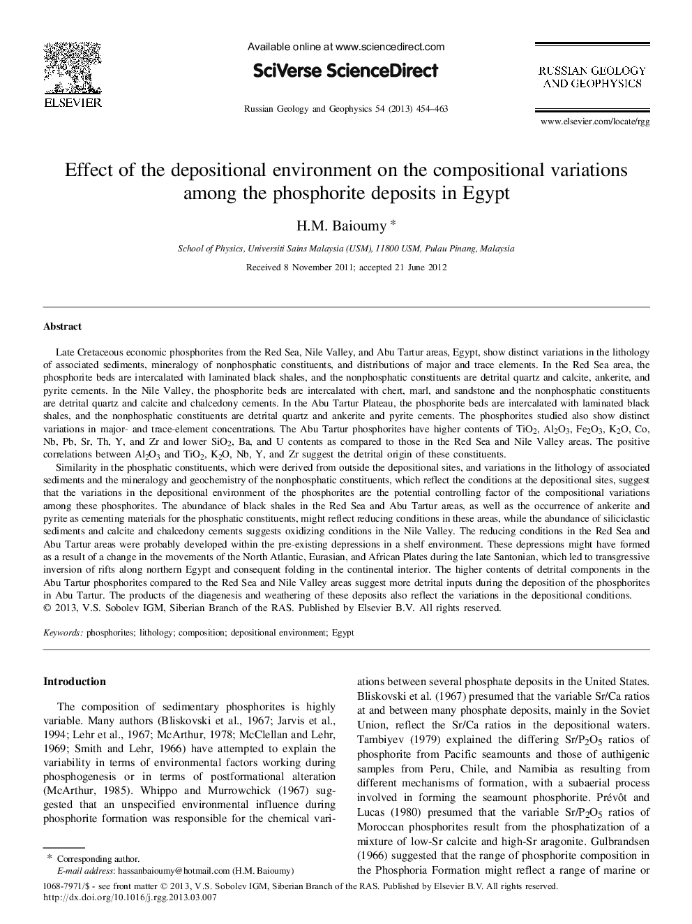 Effect of the depositional environment on the compositional variations among the phosphorite deposits in Egypt