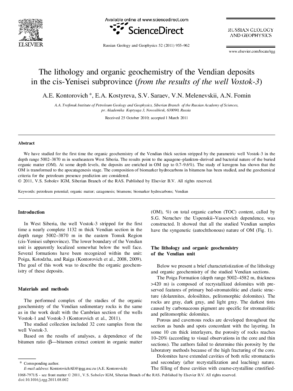 The lithology and organic geochemistry of the Vendian deposits in the cis-Yenisei subprovince (from the results of the well Vostok-3)