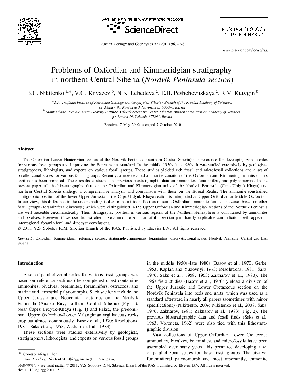 Problems of Oxfordian and Kimmeridgian stratigraphy in northern Central Siberia (Nordvik Peninsula section)